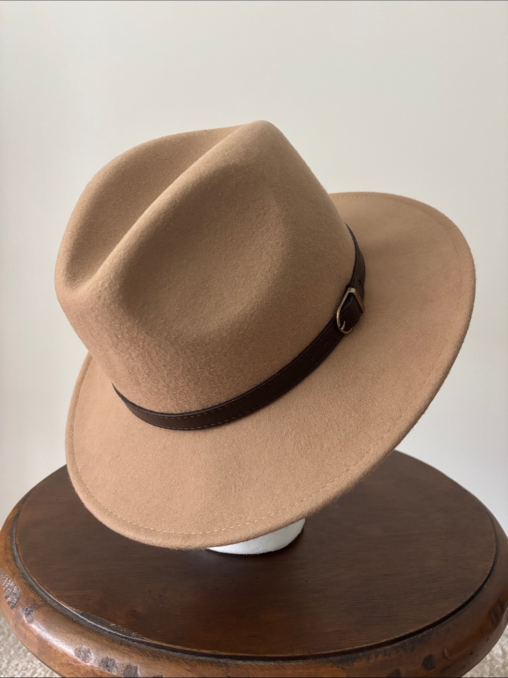 Wide Brim Felt Fedora Hat in Camel with Dark Brown Band